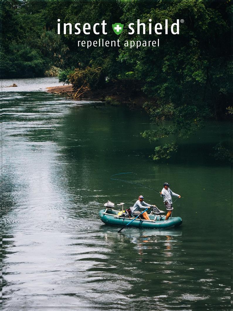 Two fisherman on a raft in the river with text: Insect Shield® repellent apparel