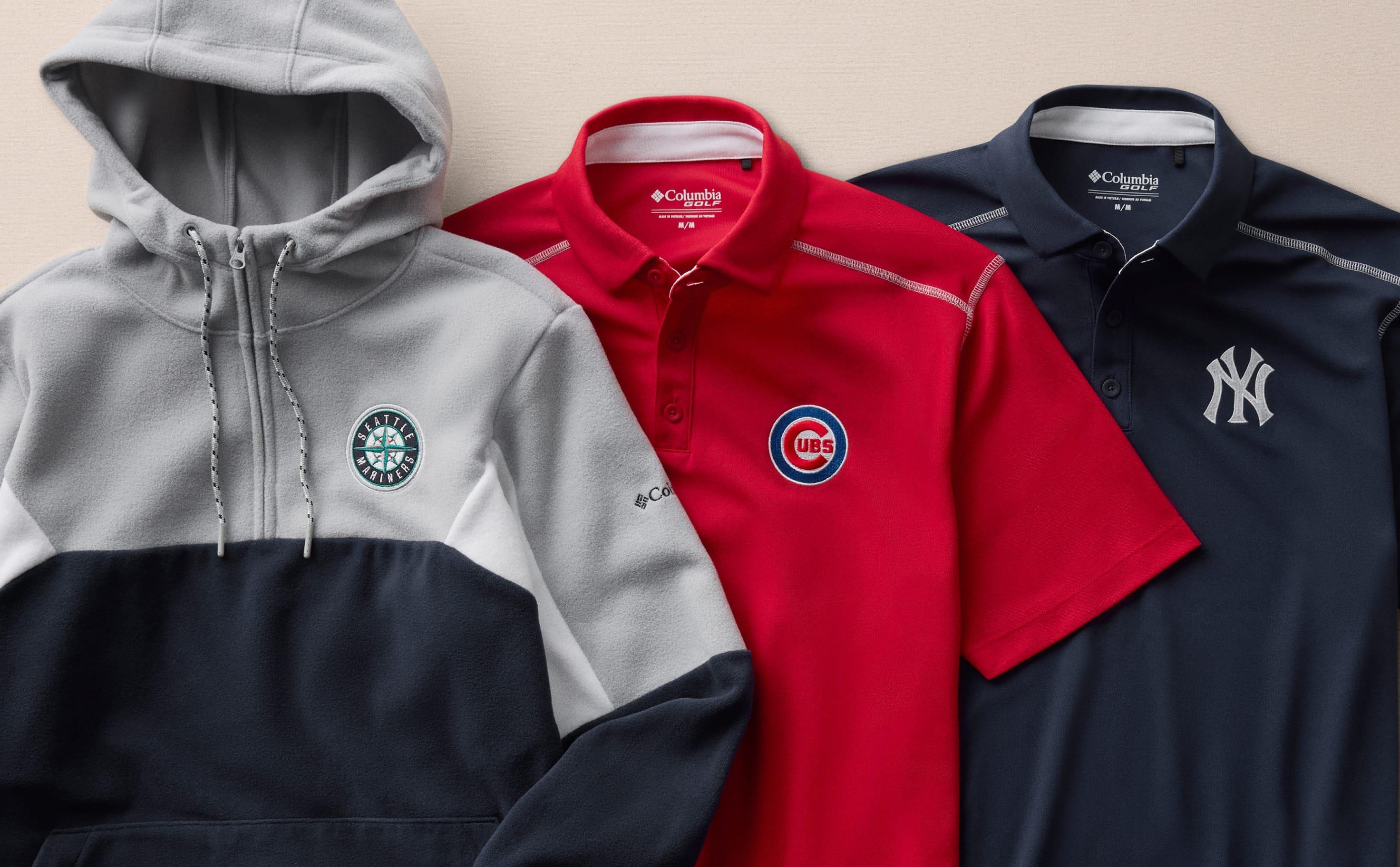 Three baseball team apparel items: gray and navy hoodie, red polo shirt, and navy polo shirt.