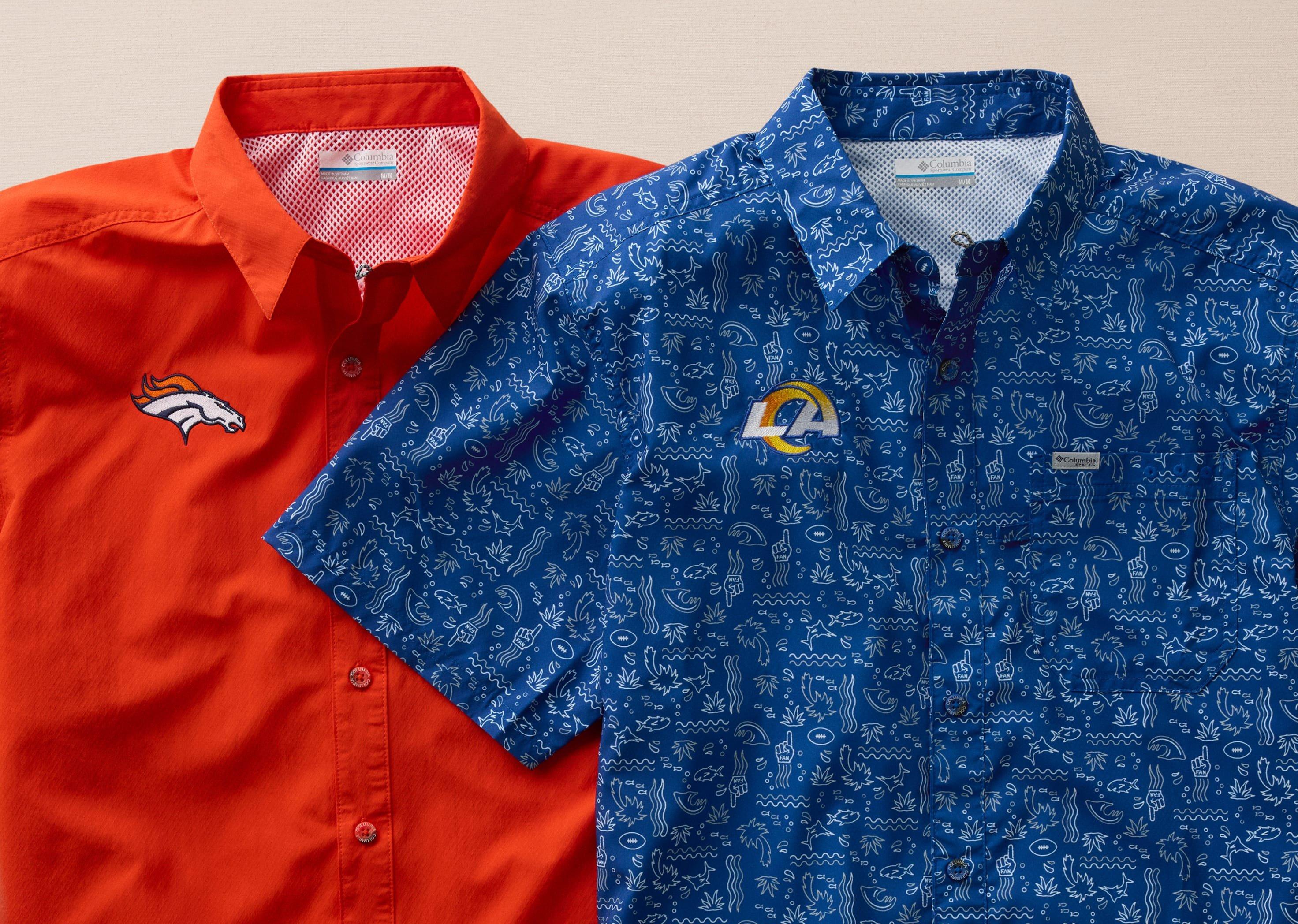 Two button-up shirts with team logos: orange solid shirt on left, blue patterned shirt on right.