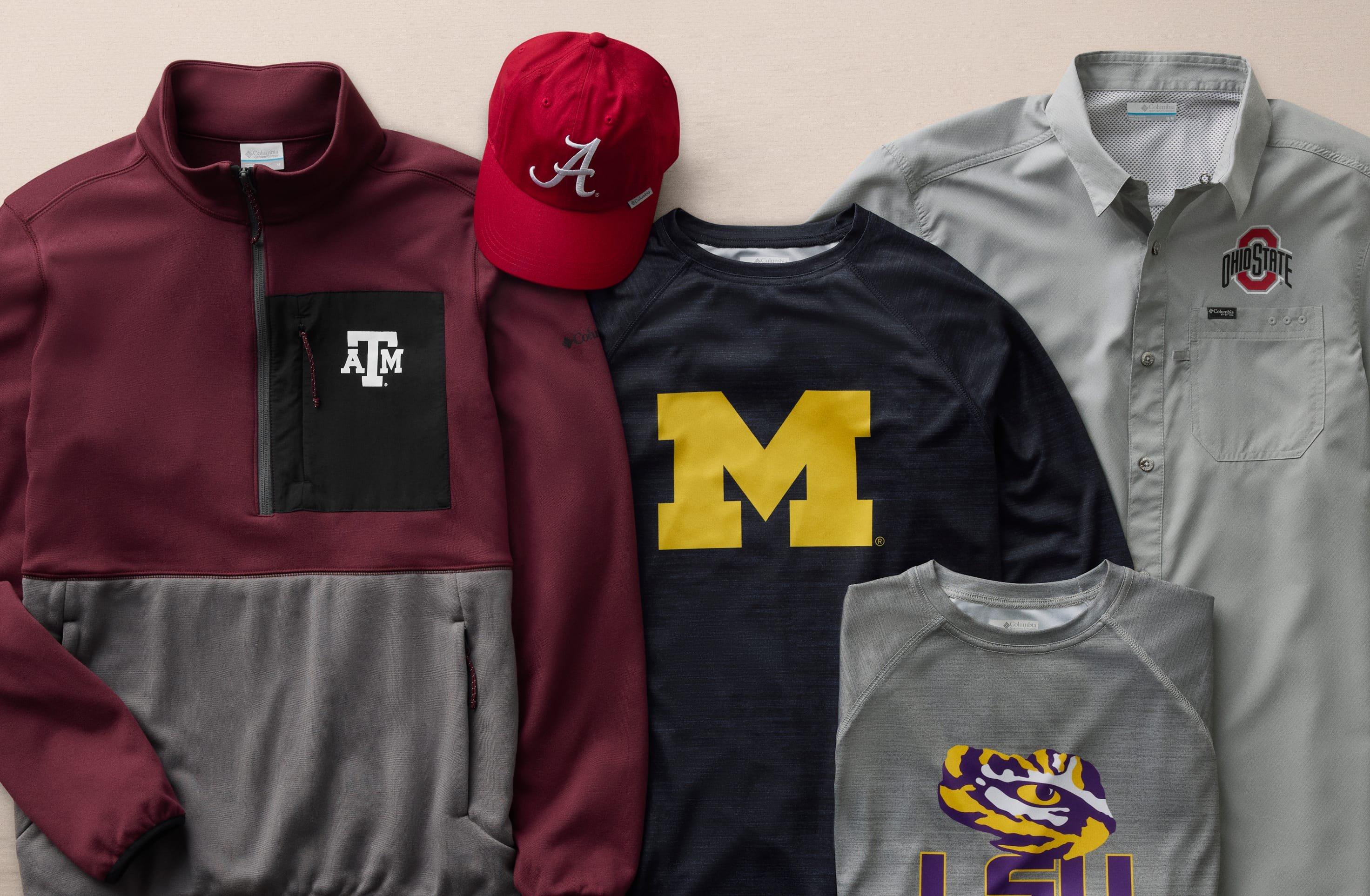 Collection of fan apparel including jackets, shirts, sweatshirts, and a cap featuring various team logos.