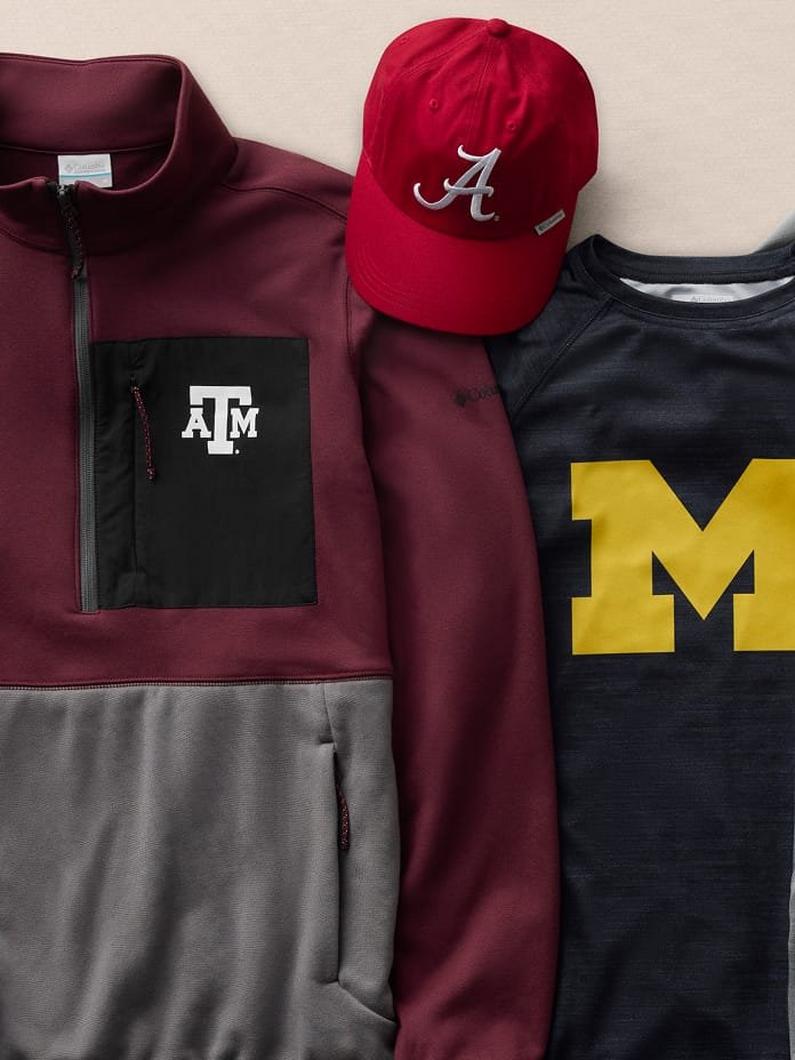 College apparel including a maroon pullover with chest pocket, red baseball cap, and navy shirt.