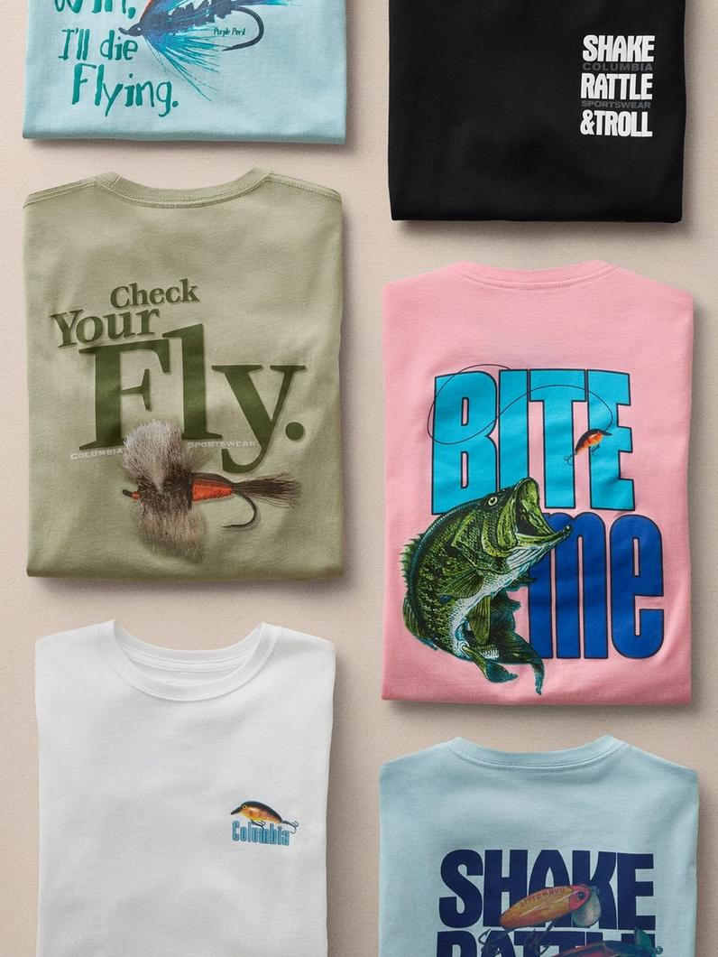Collection of six folded graphic t-shirts featuring fishing-themed designs and text in various colors.