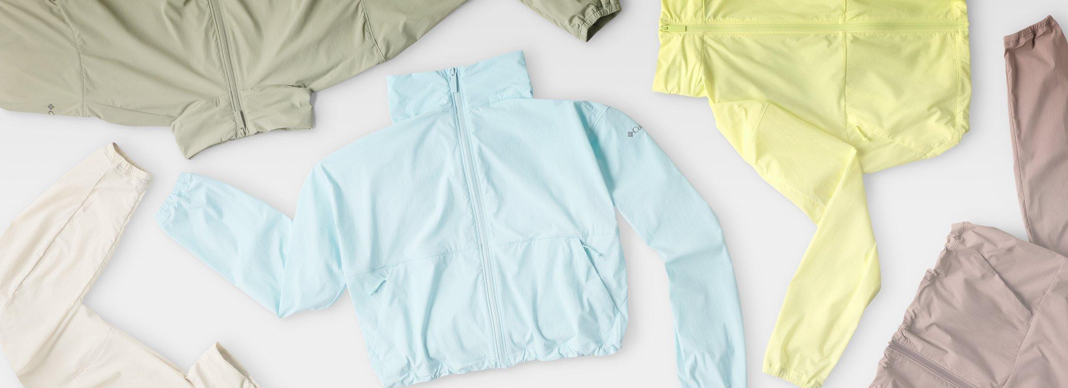 Lightweight zip-up jackets in pastel colors including mint blue, yellow, sage green, and taupe.