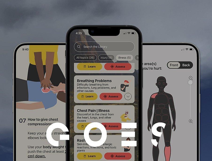 Multiple GOES app screens.