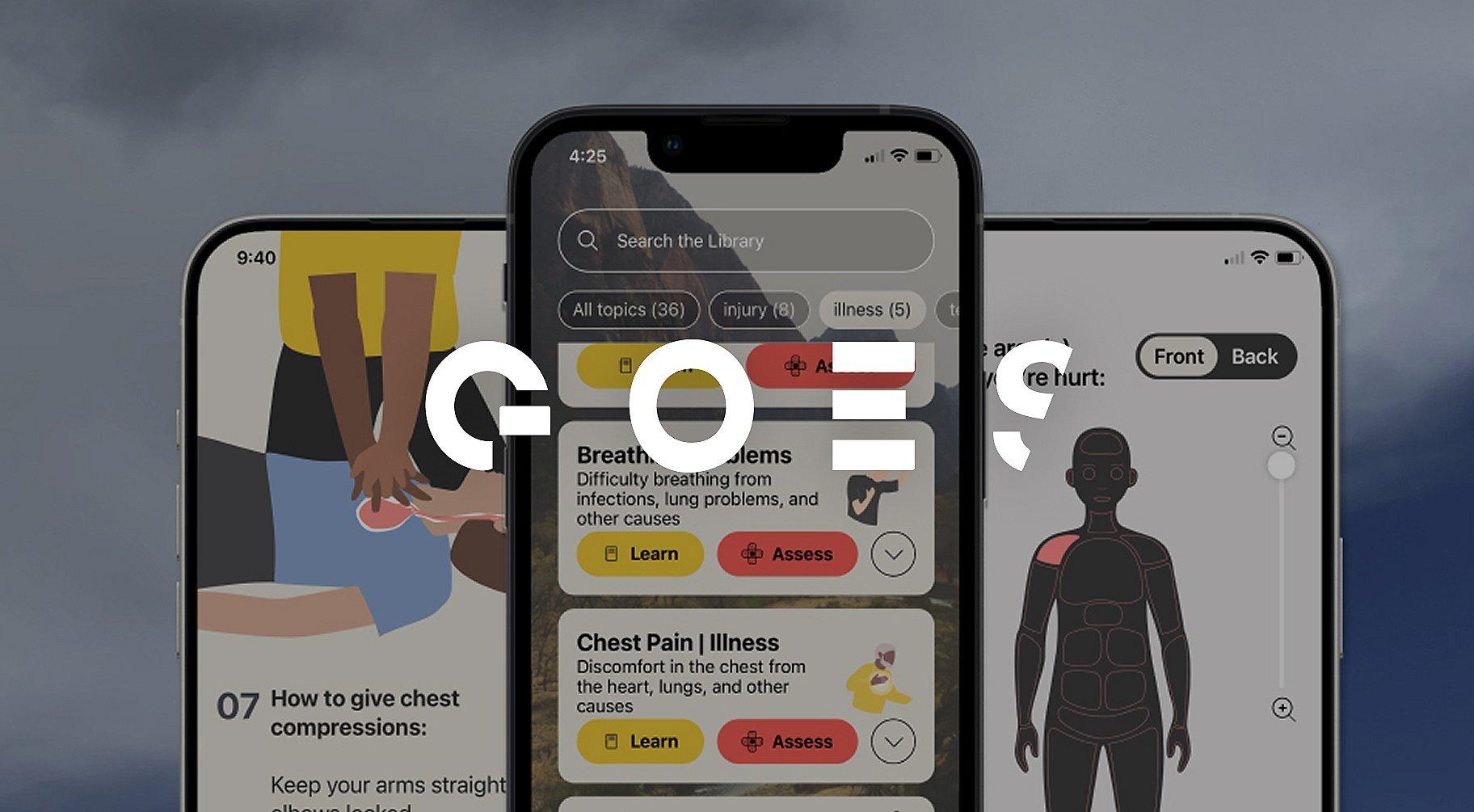 Multiple GOES app screens.