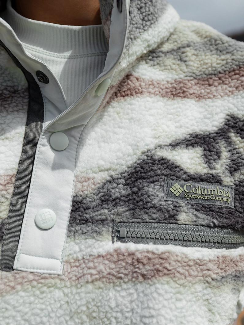 Sherpa fleece quarter-zip pullover in cream, pink, and gray colorblock pattern with snap button closure.