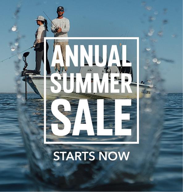 Two people fishing from a boat with text ANNUAL SUMMER SALE STARTS NOW.