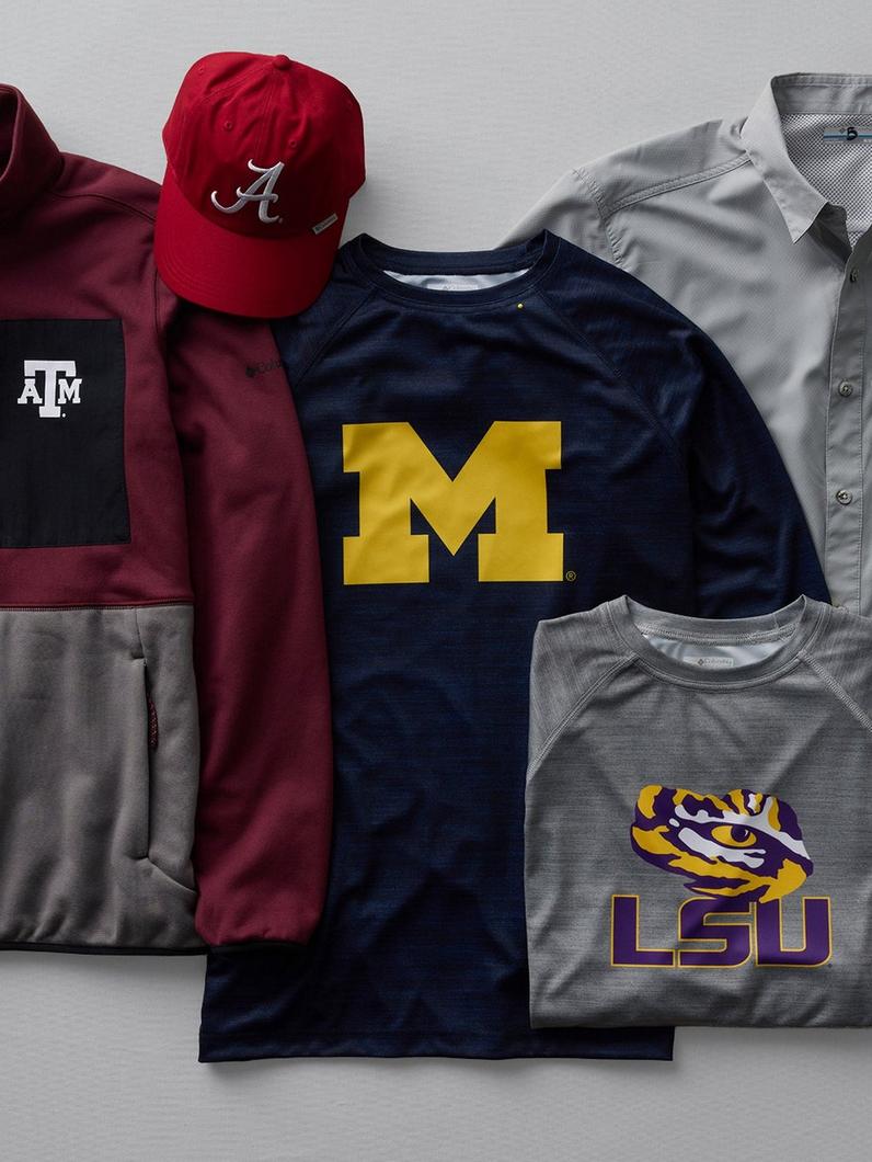 Assorted college sports apparel including shirts, a cap, and a button-up arranged together.