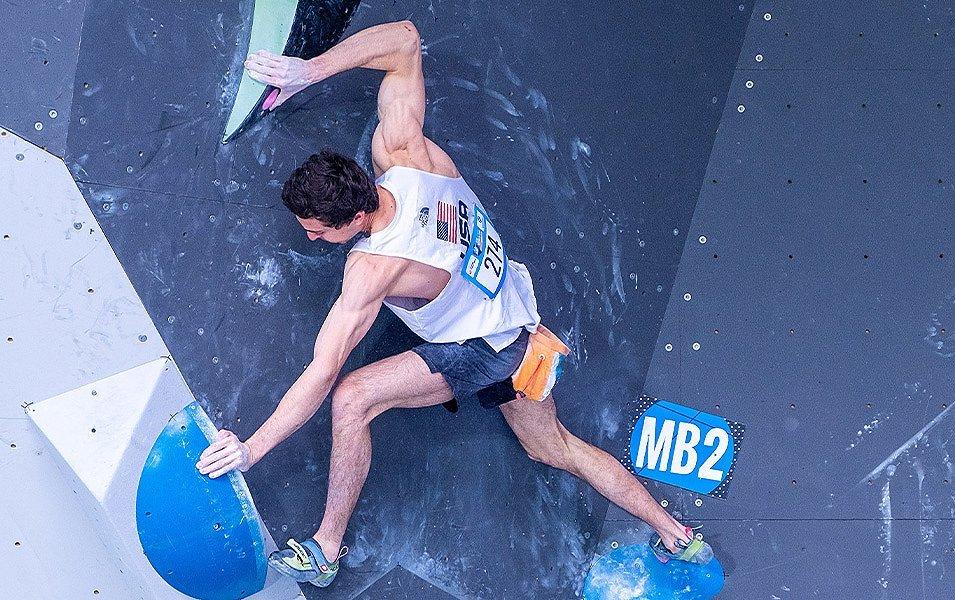 US Olympic Climbing Team member, Jesse Grupper, competing in World Cup bouldering competition. 