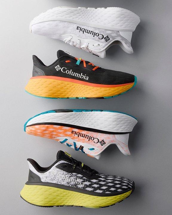 Flatlay of four running shoes.