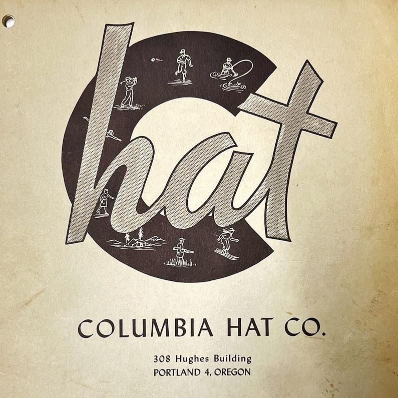 Vintage logo featuring the word "hat" with illustrated figures doing outdoor activities around the lettering.