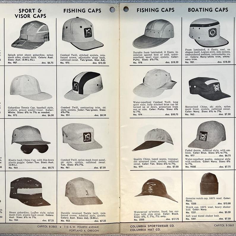 Vintage catalog page displaying various styles of caps including sport, fishing, and boating caps.
