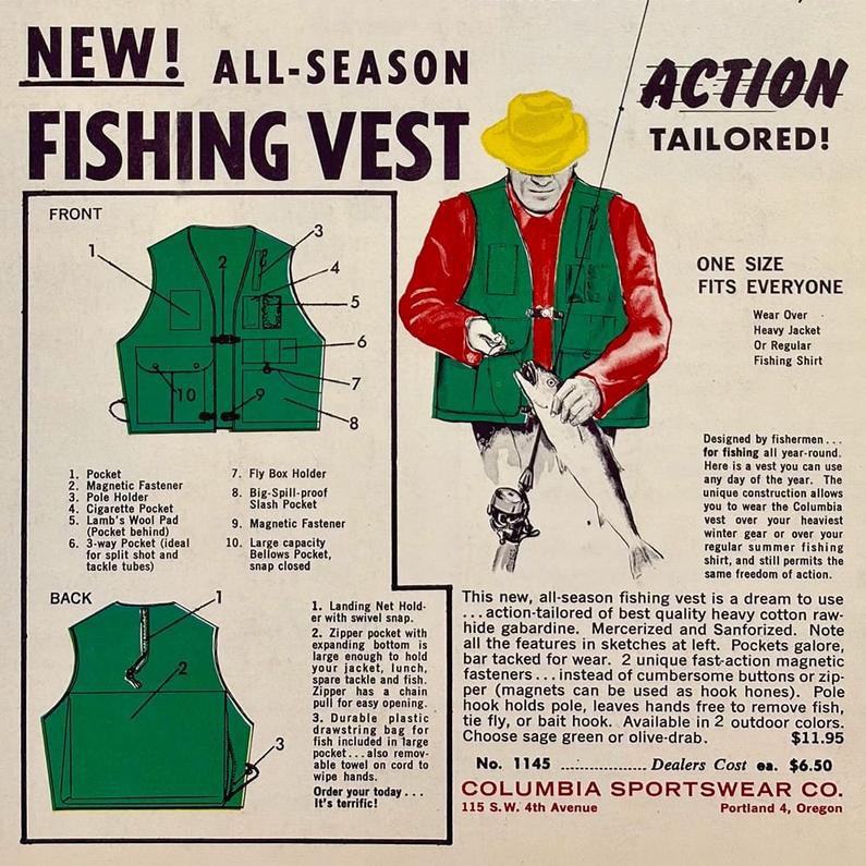 Vintage advertisement showing person in yellow hat wearing green fishing vest and holding a fish with rod.