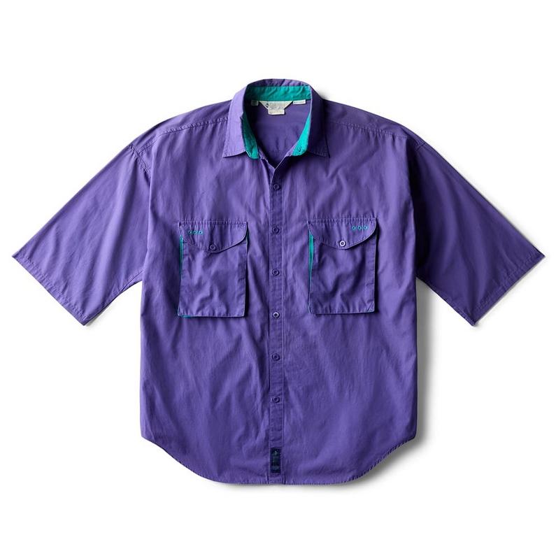 Purple short-sleeve button-up shirt with teal contrast collar and two chest flap pockets.