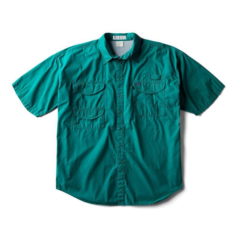 Teal short-sleeve button-up shirt with four flap pockets on the chest and torso.