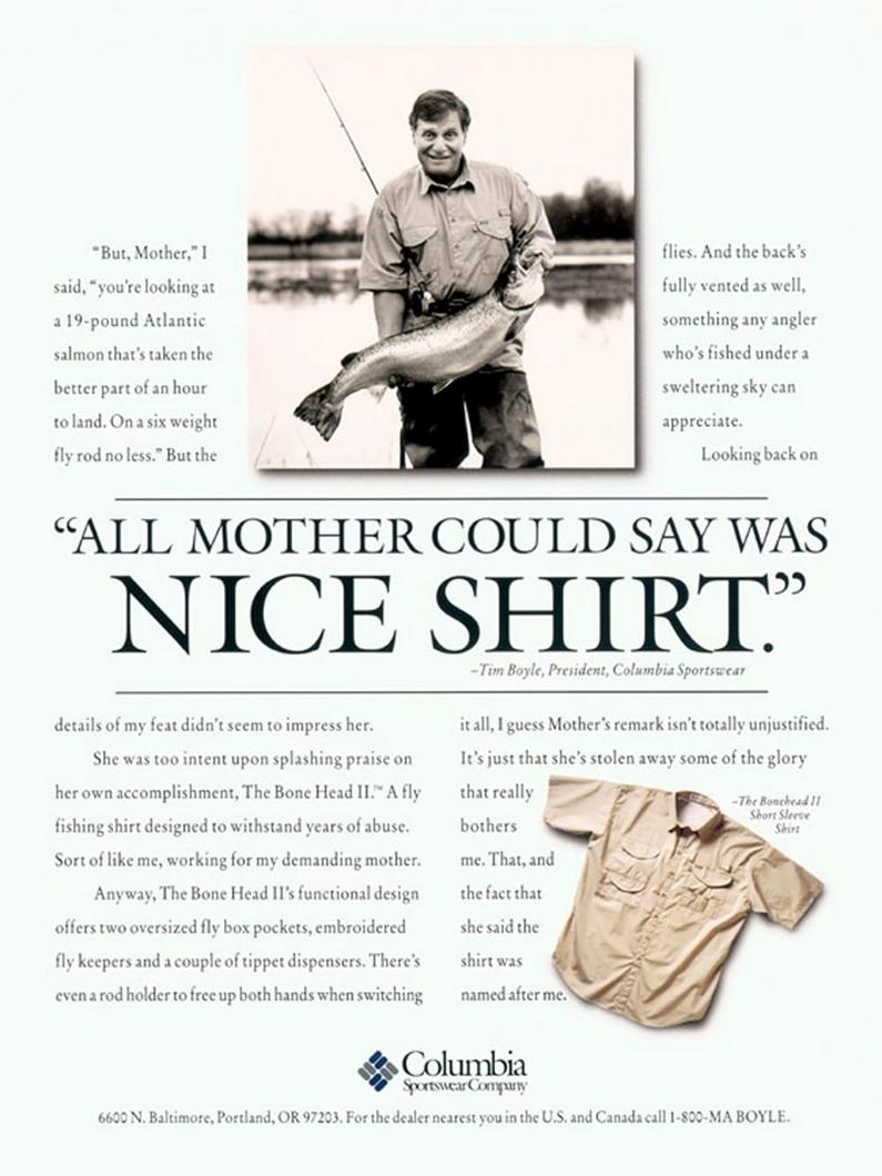 Man holding large Atlantic salmon while wearing fishing shirt, with product image of tan shirt below.