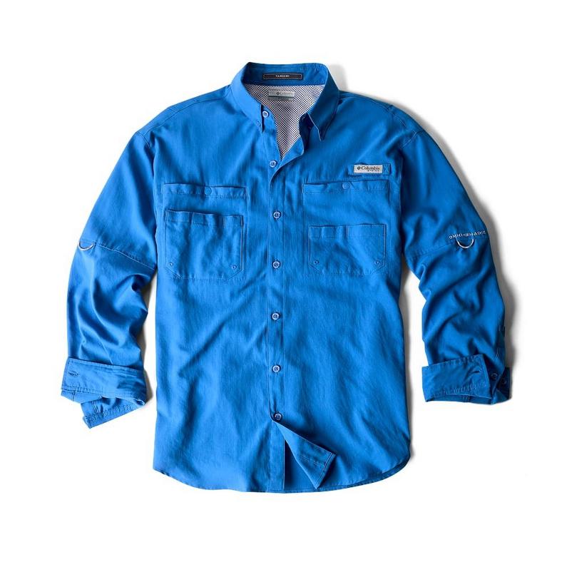 Blue long-sleeve fishing shirt with chest pockets, button-front closure, and rolled-up sleeves.