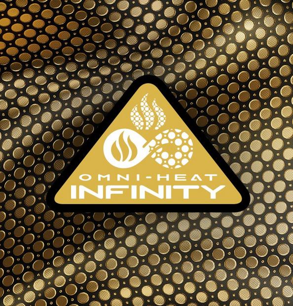 Omni Heat Infinity tech badge with fold dots dehind it.