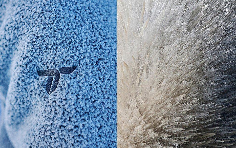 On the left is Columbia's Omni-Heat Arctic fleece, on the right is polar bear fur. They both look warm, soft and fluffy.