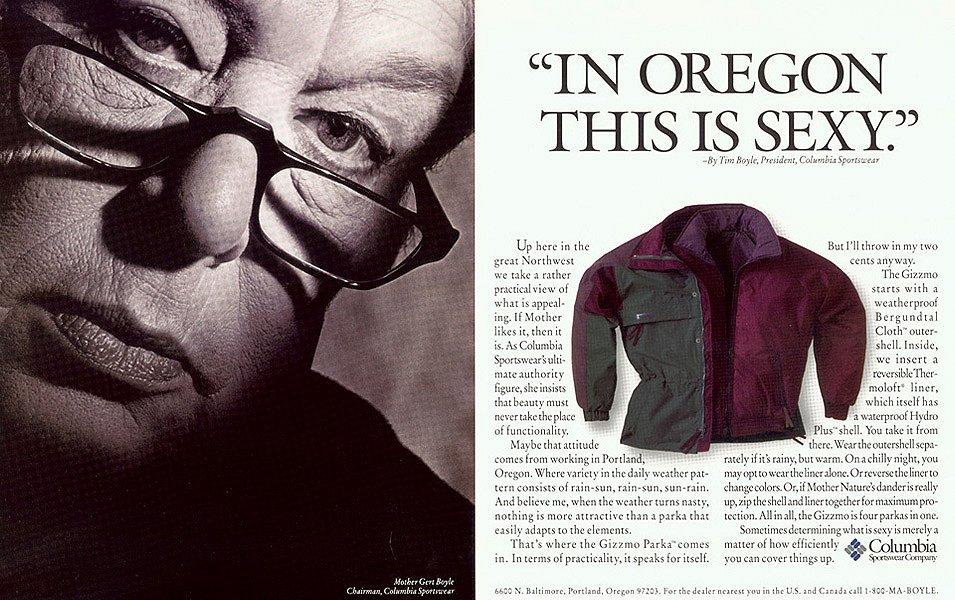 A classic, historic Columbia Sportswear Interchange ad featuring Gert Boyle, aka "One Tough Mother," and Tim Boyle with a headline stating "In Oregon This Is  Sexy." The headline refers to a 3-in-1 Columbia Jacket.