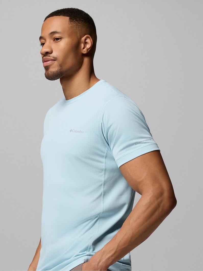 Man wearing light blue short-sleeve crew neck athletic t-shirt, shown in side profile.