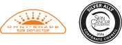 A half-circle orange logo with dots and a circular black seal with crescent moon and stars design.