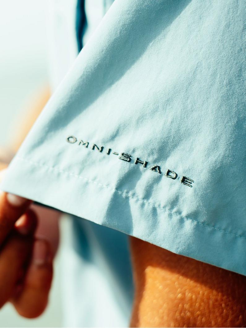 Close up of Omni Shade logo on a Bahama shirt.
