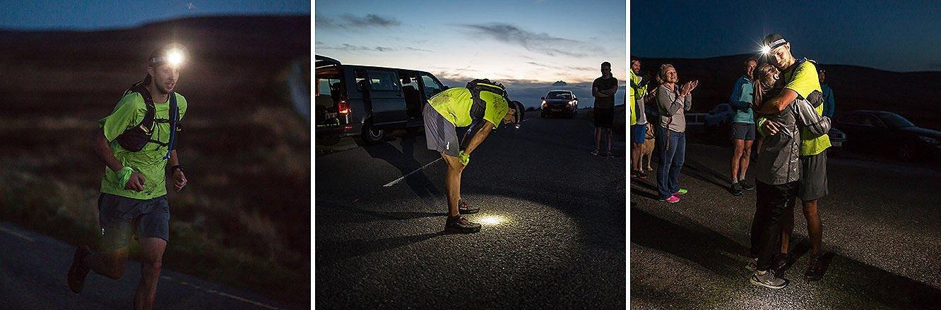 Three images of Joe running at night on the Wicklow Round in Ireland, May 2018.