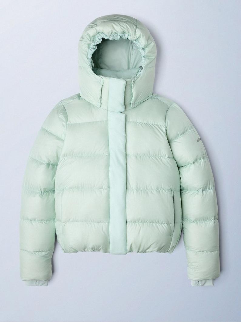 Light mint green puffer jacket with hood and quilted design, displayed flat against a neutral surface.