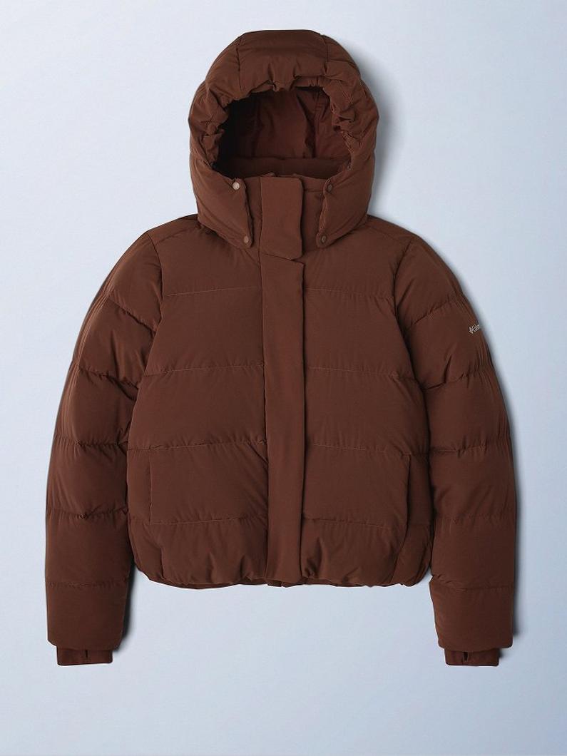 Brown puffer jacket with hood, featuring quilted design, front snap closures, and elasticated cuffs.