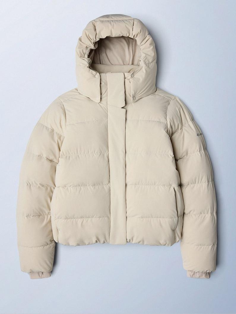 Cream quilted puffer jacket with oversized hood and front zip closure laid flat.