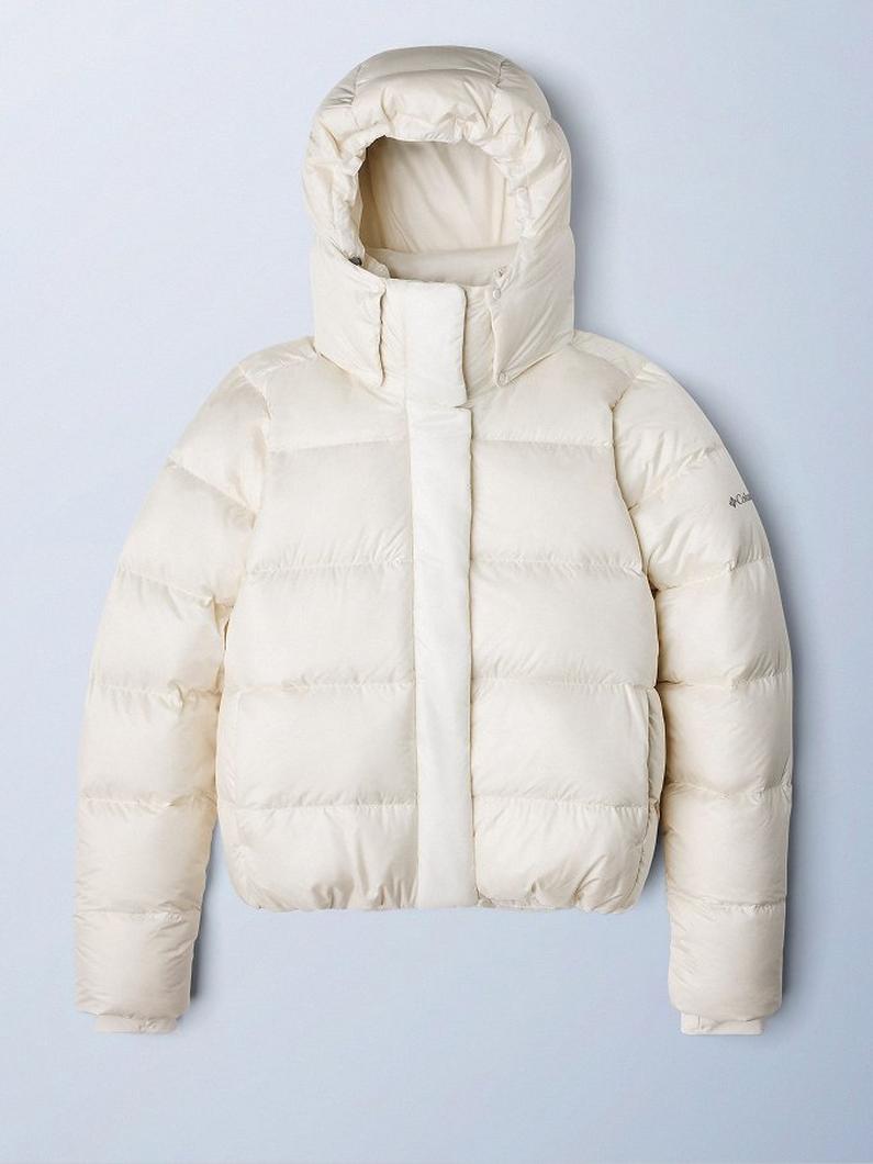 Cream quilted puffer jacket with high collar and front zip closure laid flat.