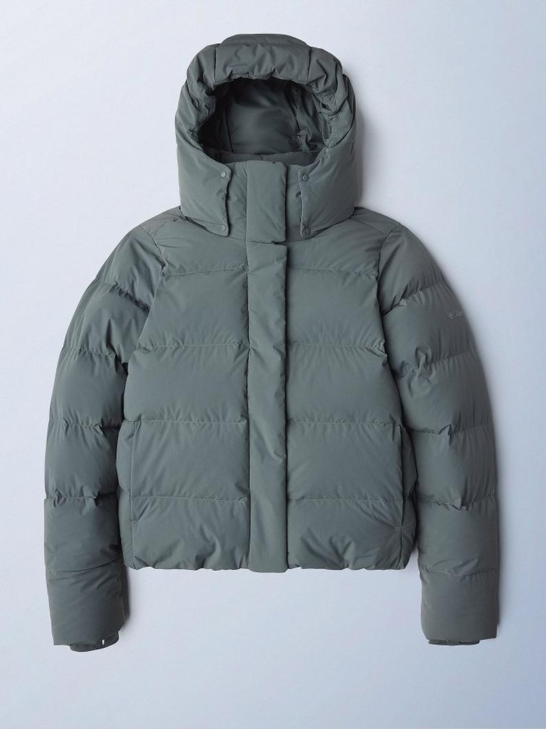 Gray quilted puffer jacket with hood, featuring snap-button front closure and side pockets.