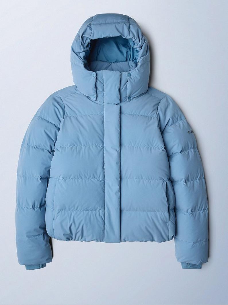 Light blue quilted puffer jacket with attached hood and front zip closure.