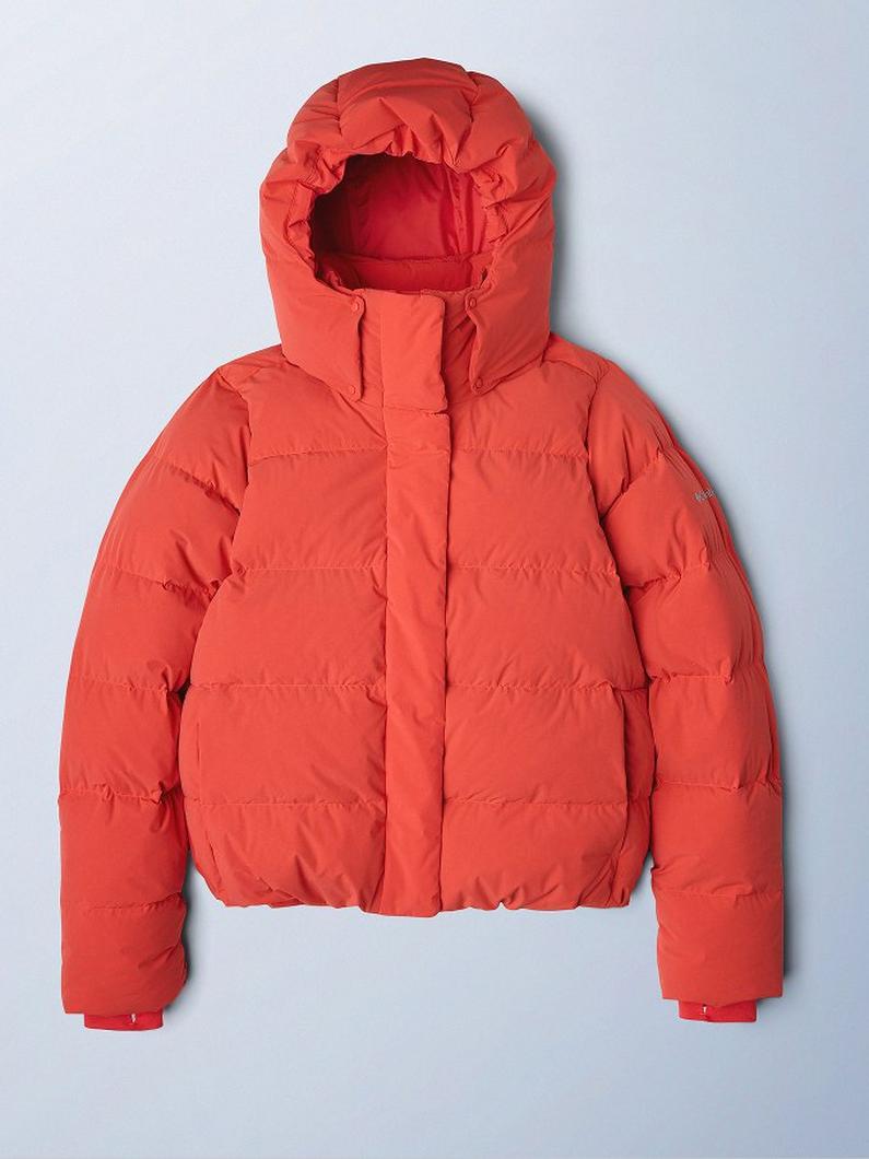 Coral-colored quilted puffer jacket with attached hood and front zip closure.