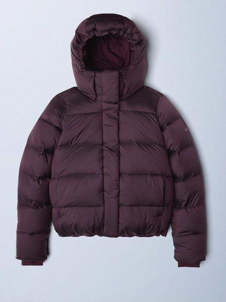 Burgundy quilted puffer jacket with hood and front zip closure, laid flat.