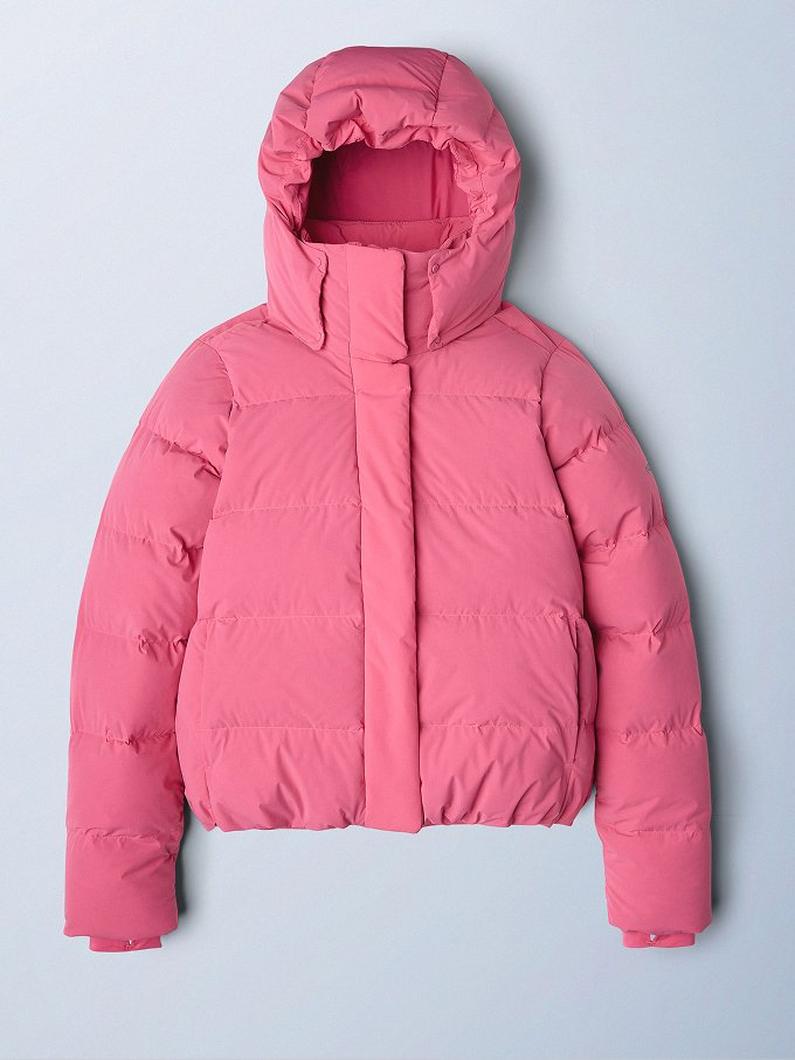 Pink quilted puffer jacket with hood and front zip closure.