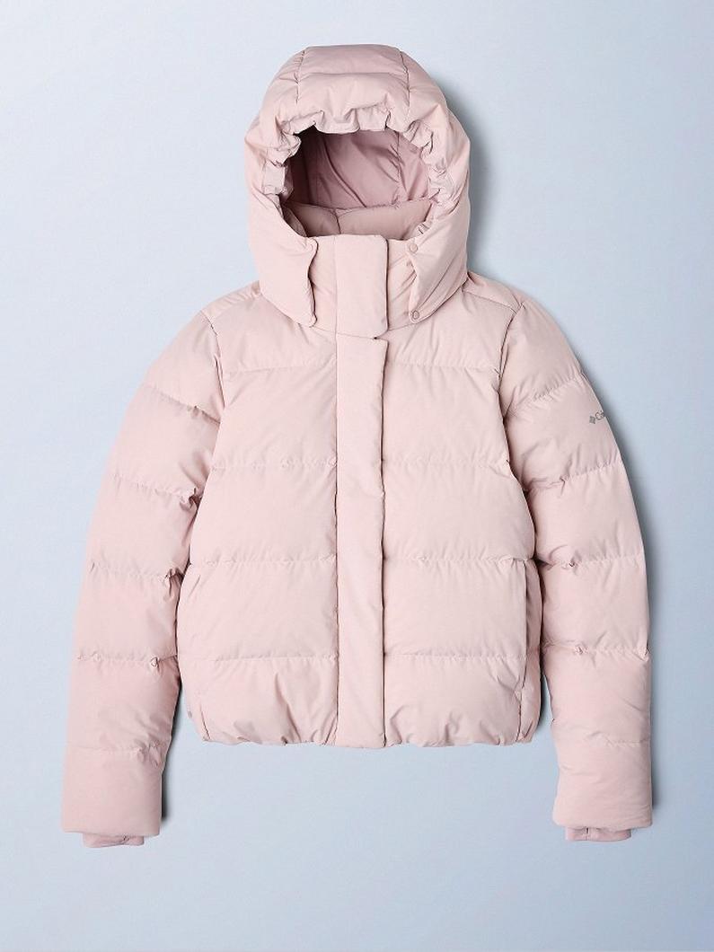 Light pink quilted puffer jacket with hood and front zipper closure.