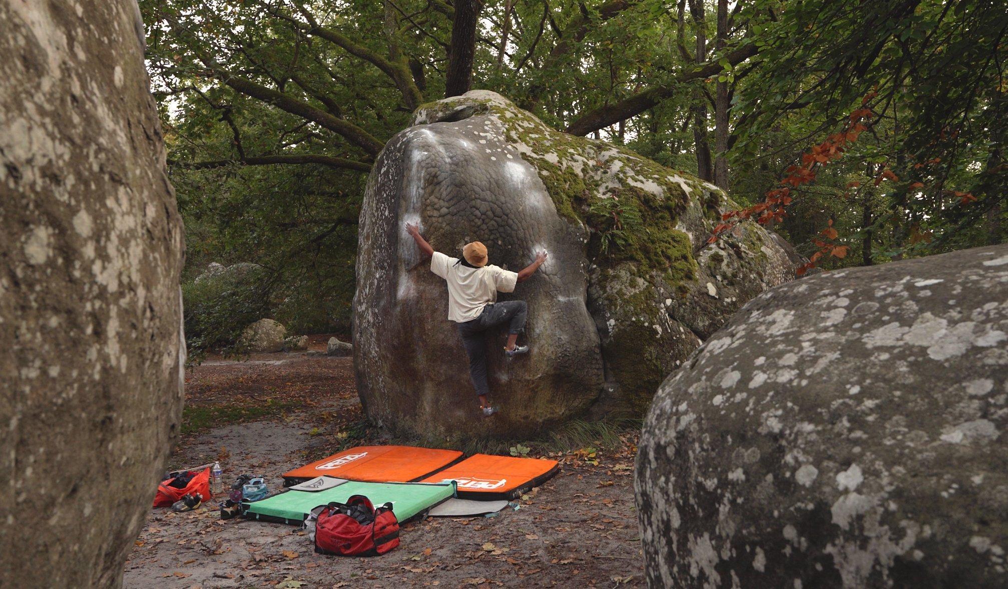 Caleb bouldering in Fontainebleau