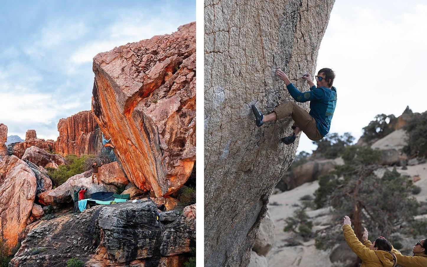 Two images of Ethan climbing in different parts of the world