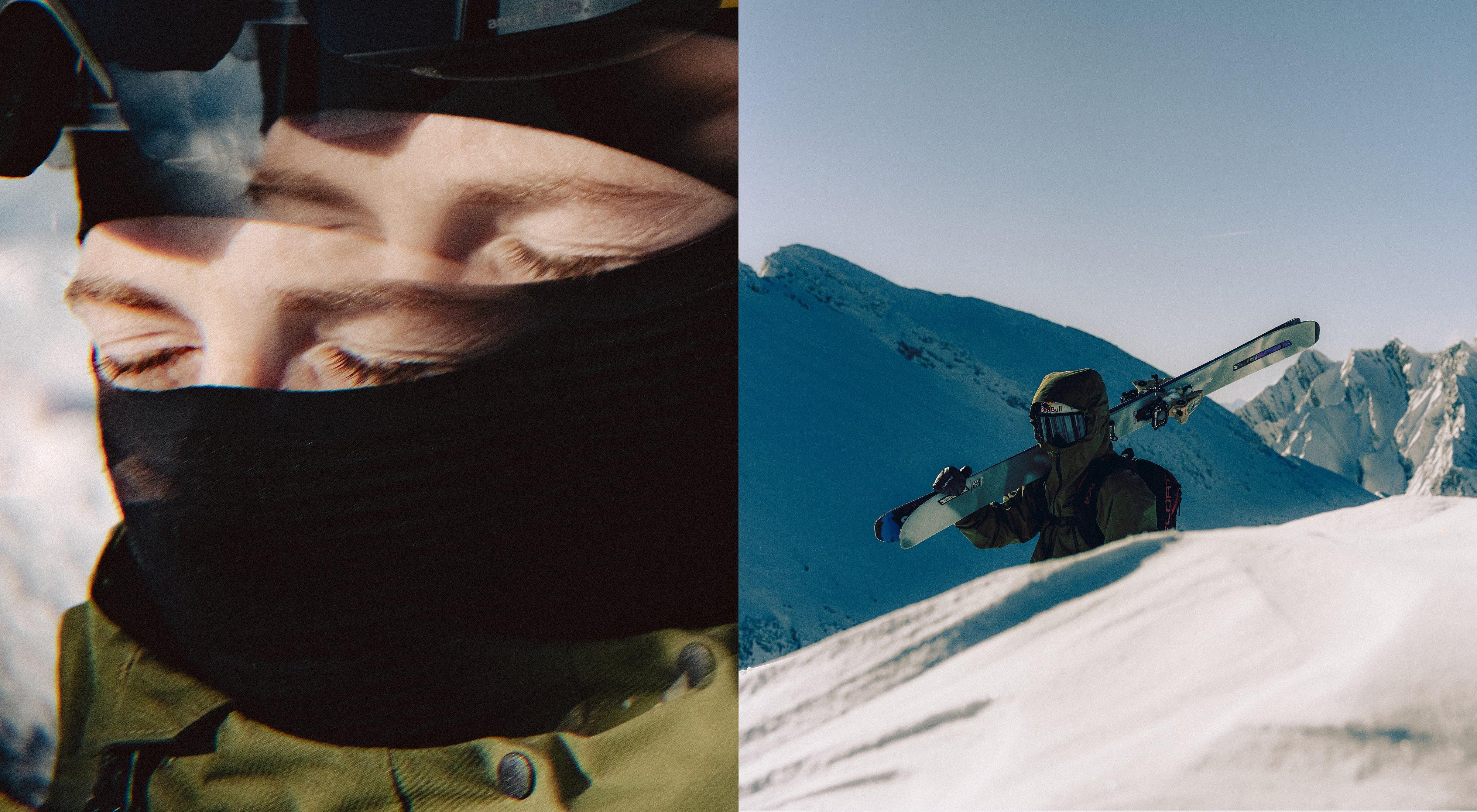 Split screen of Manon and her holding skis. 