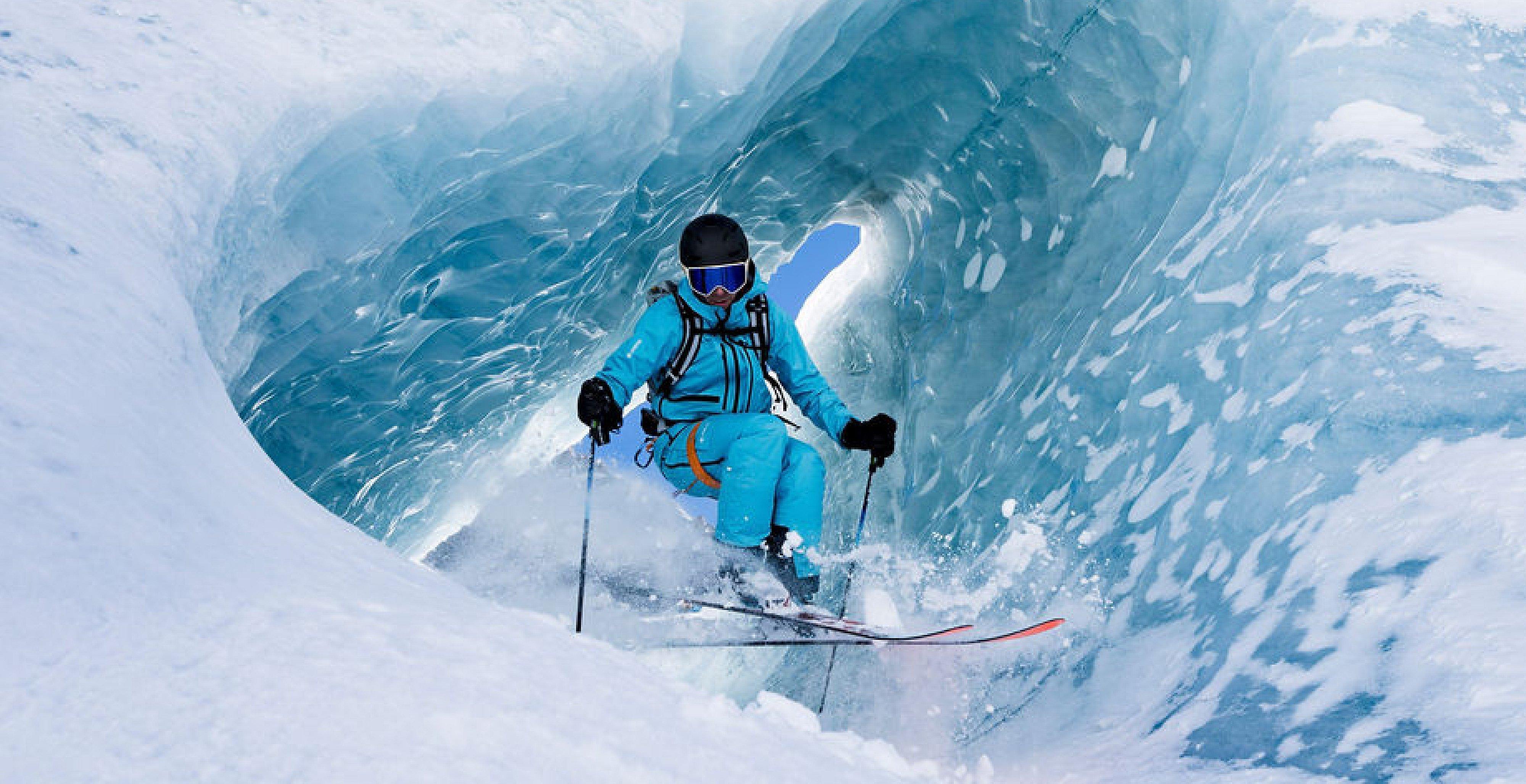 Vivian skiing through a crevase