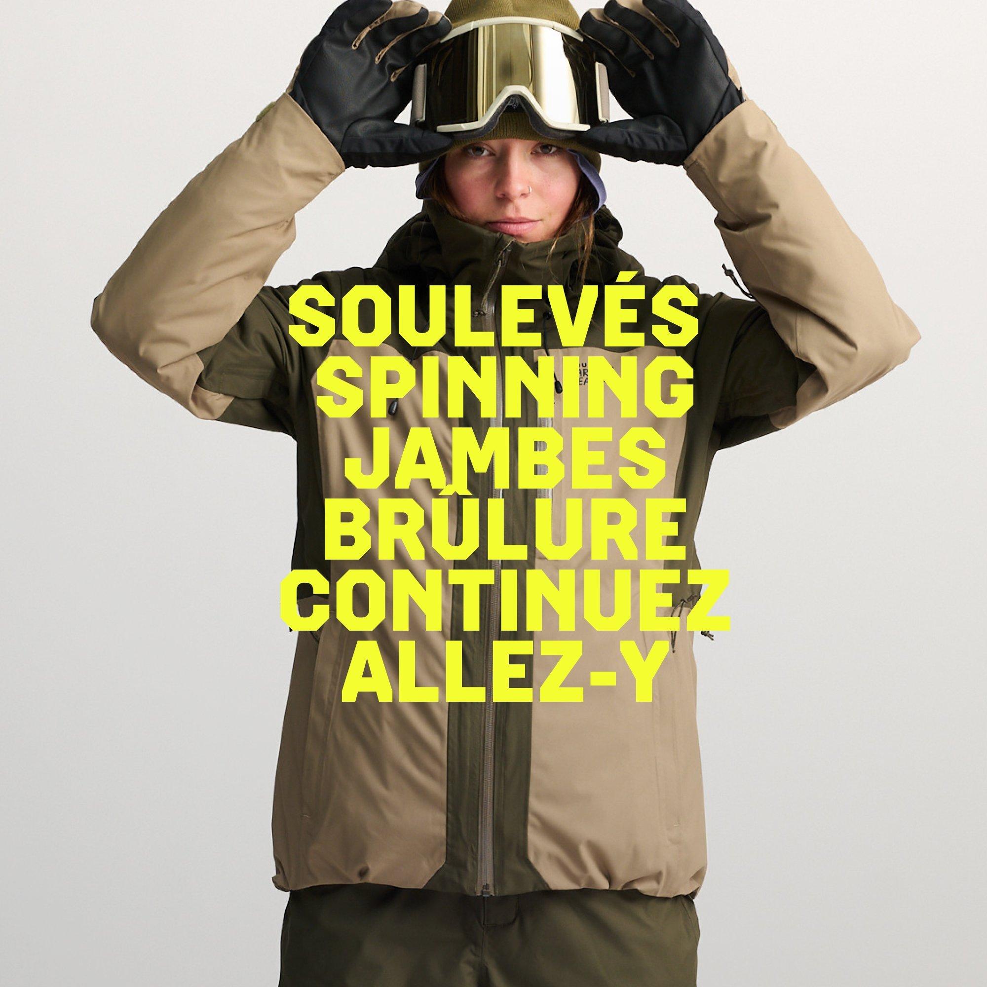 Studio shot of Women's Firefall kit with the text LIFTS SPINNING LEGS BURNING KEEP GOING overlaid.