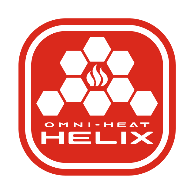 Red and white hexagonal badge logo with text "OMNI-HEAT HELIX" and flame icon.