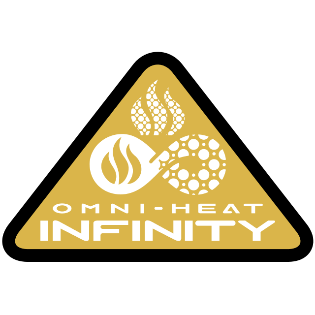 Yellow triangular badge with OMNI-HEAT INFINITY text and thermal reflective dot pattern icons.