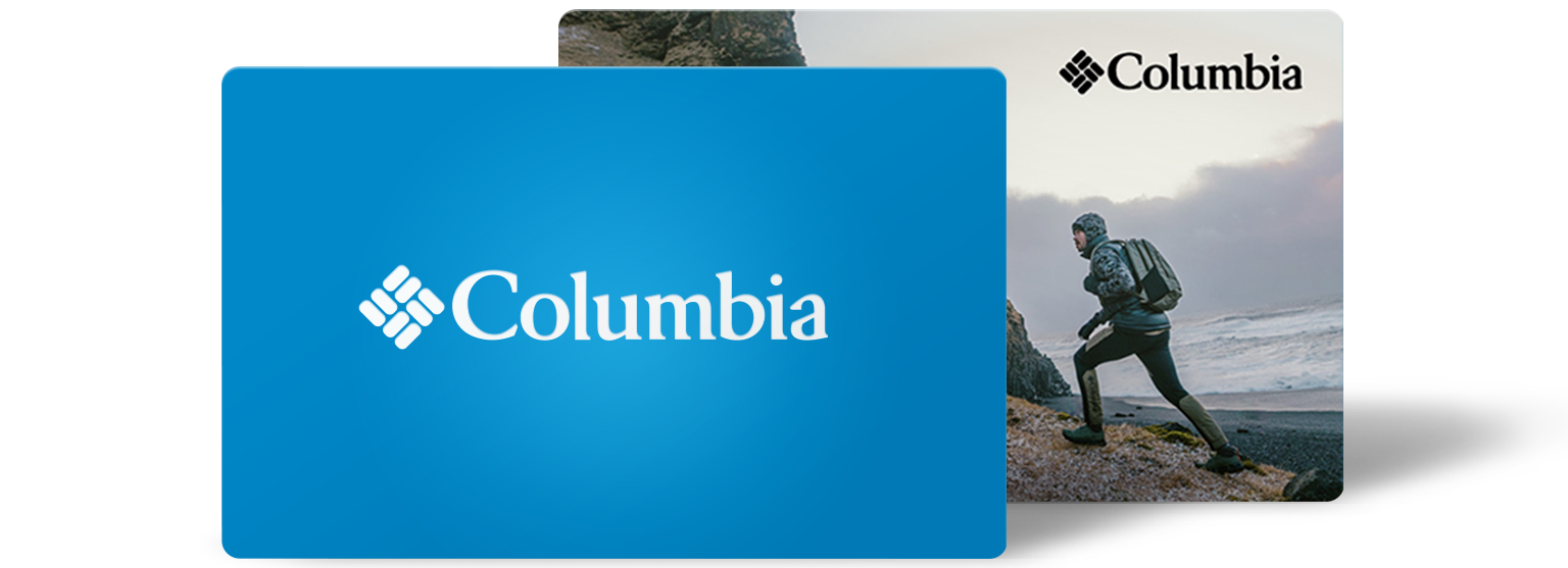 Blue gift card with a Columbia logo and Gift Card with a Person hiking along a rocky coastal trail.