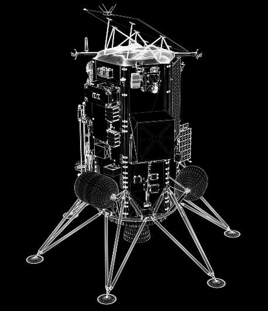 Lunar landing module with geometric panels, antennae, and four extended legs with footpads.