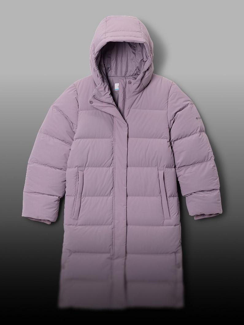A lay down image of a light purple puffer jacket
