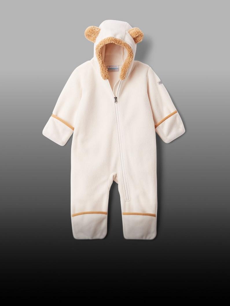 An infant onesie with ears on the hood