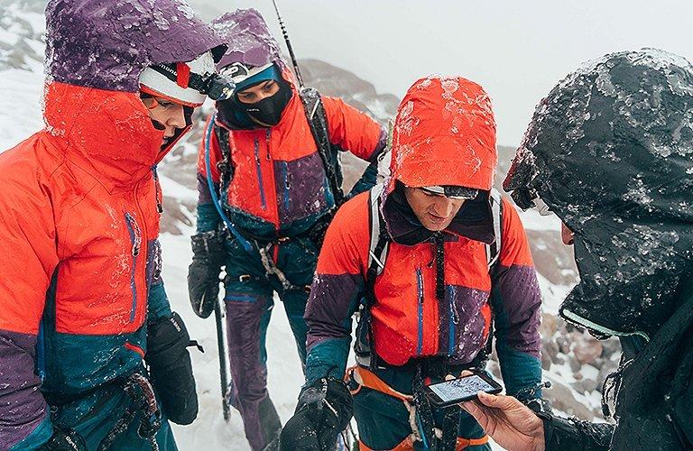 Snow and ice conditions; climbers in Gore-Tex head to toe